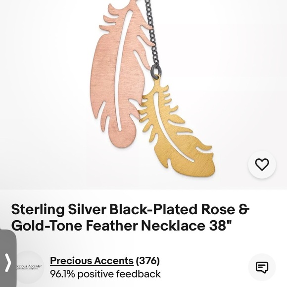 Sterling Silver Black-plated Rose & Gold-tone Feather Necklace - Picture 5 of 6